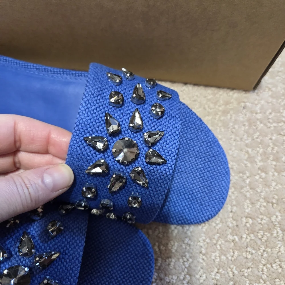 J. Crew New‎ Jewel Slide Sandals Womens 7.5 Gulf Smoke Blue Spring Resortwear